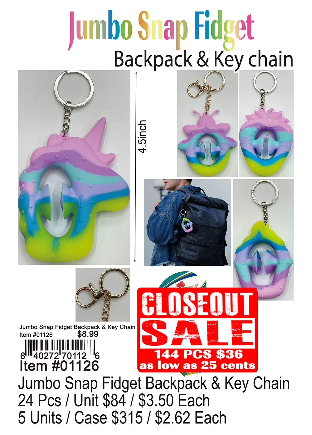 Jumbo Snap Fidget Backpack and Keychain - Closeout 144 Pcs.